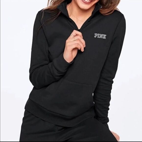 PINK Victoria’s Secret Black Quarter Zip Pullover Sweatshirt! ❤️ - Picture 1 of 4